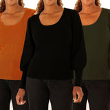 Womens Square Neck Volume Sleeve Jumper Black Rust Mustard Green Sizes 6-22