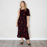 Black Floral Print One Sleeve Midi Dress