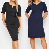 NOTCH NECK KNEE LENGTH HALF SLEEVE STRETCH WORK DRESS