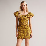 RRP £175 Ted Baker Ondina Floral Print Ruched Mini Dress, Mid Yellow Size 6 - 14