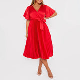 Red Pleated Wrap Dress